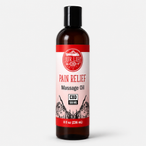 Bottle of Pain Relief Massage Oil with a red label on a white background