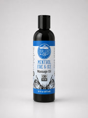 A 16 fl oz black bottle of Our Life CBD Menthol Fire & Ice Massage Oil with a blue and white label, set against a light gray background.