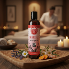 Bottle of 'Our Life CBD' pain relief massage oil on a wooden tray with flowers and candles in a blurred spa setting.