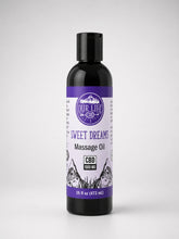 A 16 fl oz black bottle of Our Life CBD Sweet Dreams Massage Oil with a purple and white label, set against a light gray background.