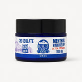 Jar of CBD isolate menthol pain relief cream with a blue label on a white background