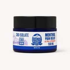 Jar of CBD isolate menthol pain relief cream with a blue label on a white background