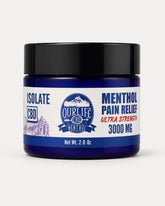 A 2.0 oz jar of Our Life CBD Isolate Menthol Pain Relief cream, featuring a dark blue jar, black lid, and a white label with blue and red text.