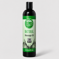 A 16 fl oz black bottle of Our Life CBD Massage Oil with a green and white label, set against a light gray background.