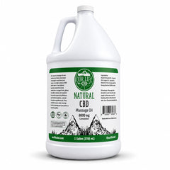 Gallon container of Natural CBD Massage Oil with mountain design on label