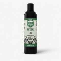 CBD massage oil bottle with label on a white background
