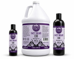 Our Life CBD Sweet Dreams massage oil bottles of different sizes on a white background