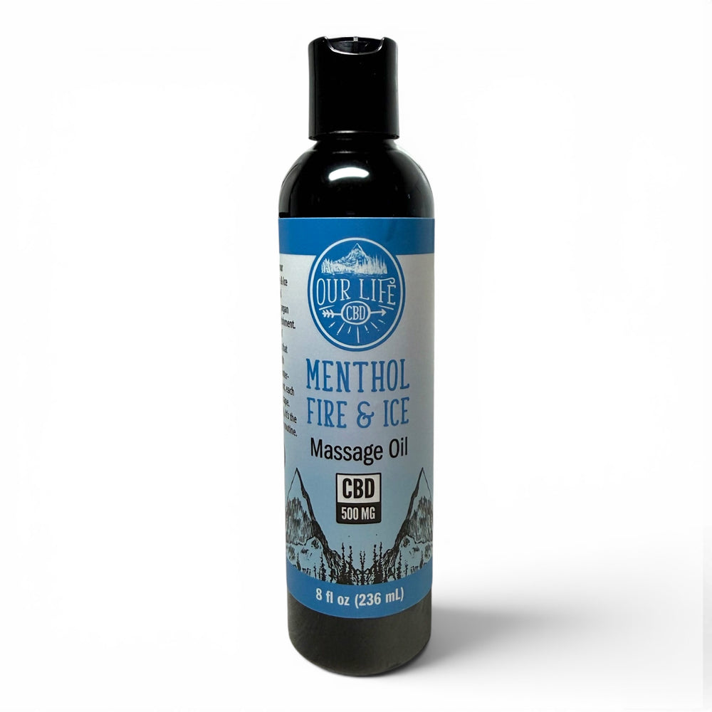 Bottle of Menthol Fire & Ice Massage Oil with CBD on a white background