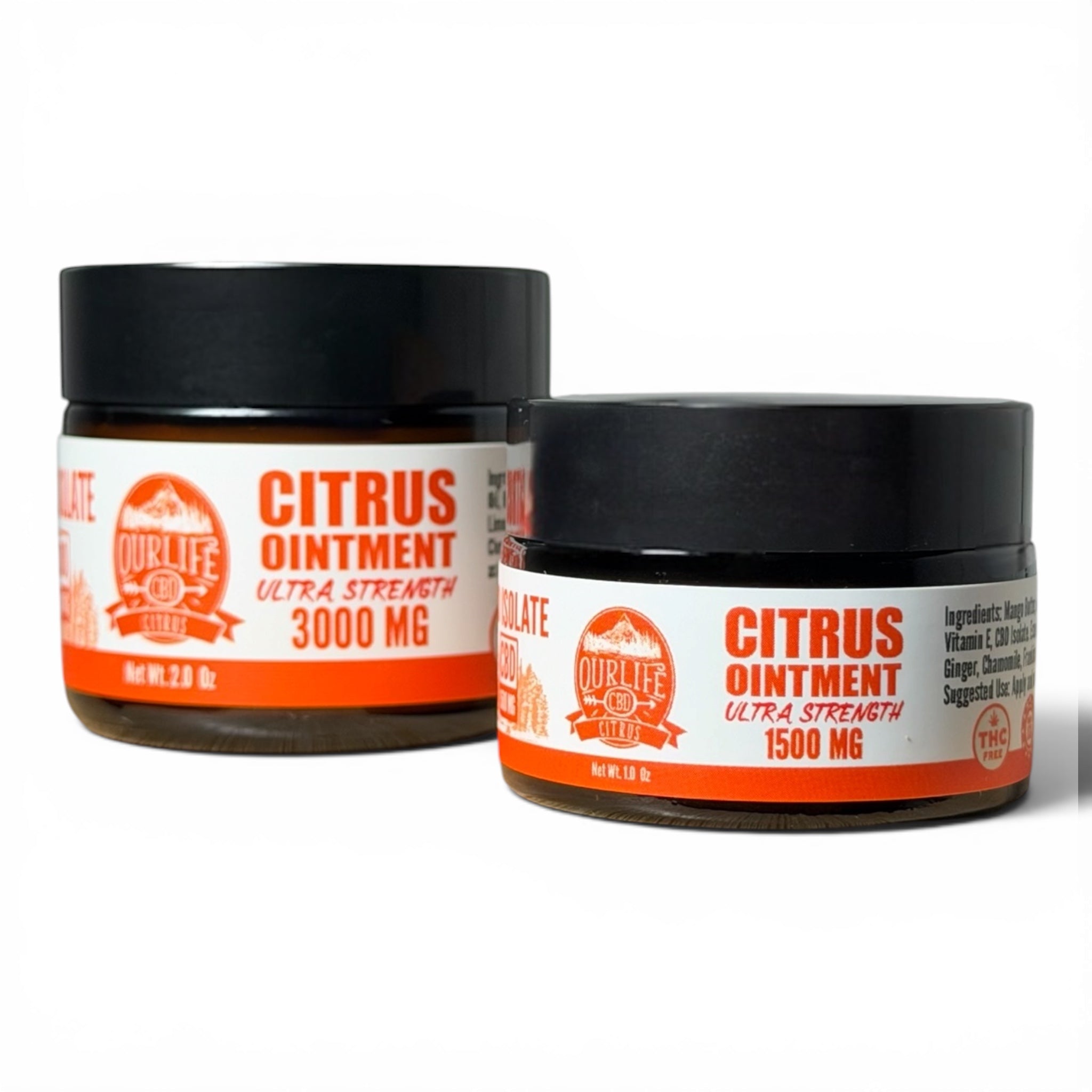 Two jars of Citrus Ointment with different strengths on a white background