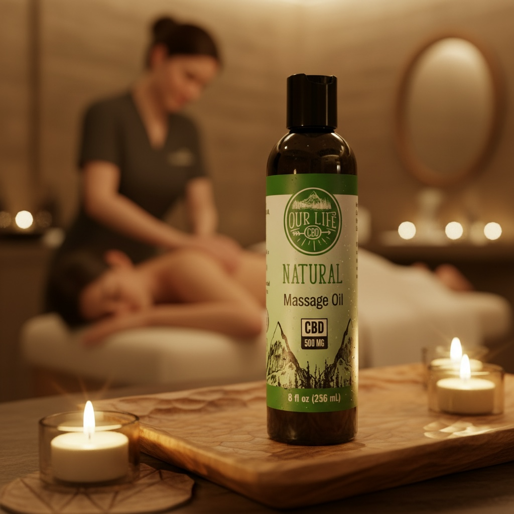 Bottle of CBD massage oil on a table with candles and a blurred background of people in a spa setting.