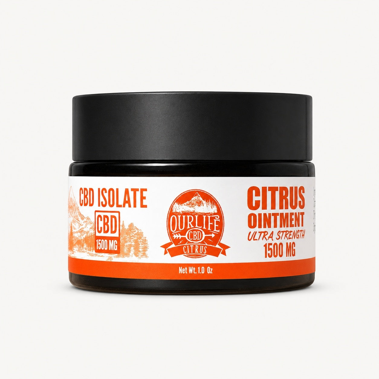 Jar of CBD isolate citrus ointment with black lid on a white background