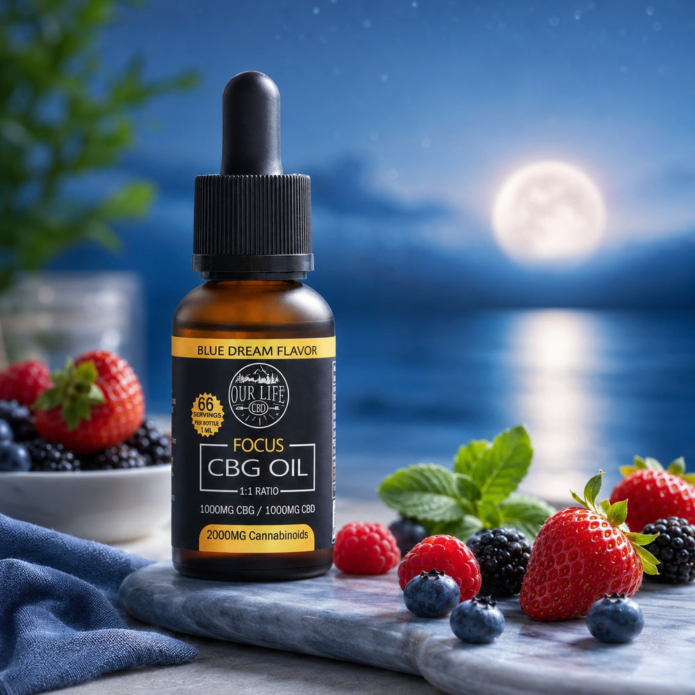Bottle of CBG oil with berries on a table under a moonlit sky
