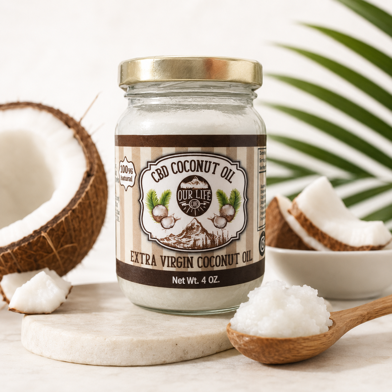 Jar of CBD coconut oil with a spoonful of oil and coconuts in the background