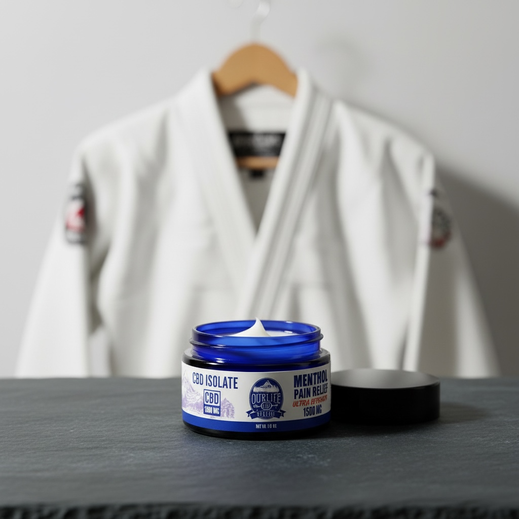 Jar of CBD isolate cream on a table with a white martial arts uniform in the background