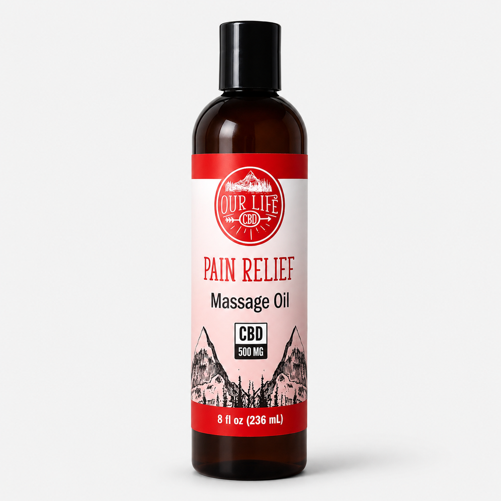 Bottle of Pain Relief Massage Oil with a red label on a white background