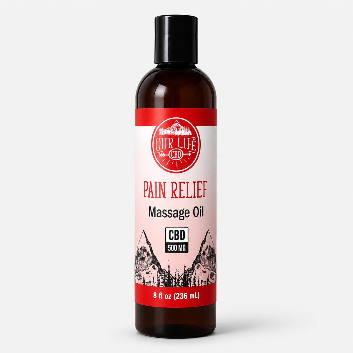 Bottle of Pain Relief Massage Oil with a red label on a white background