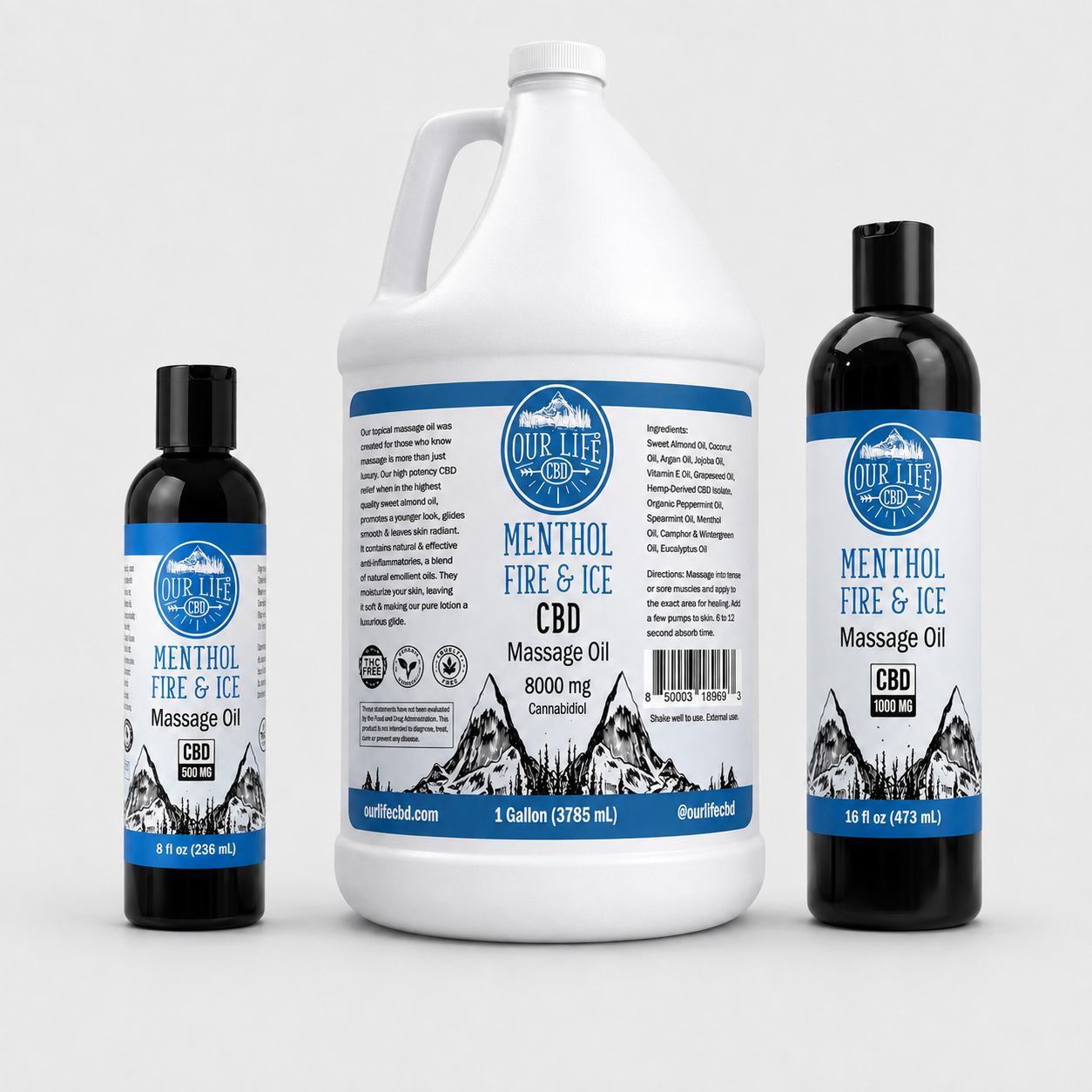 Three bottles of Our Life CBD Menthol Fire & Ice Massage Oil arranged on a light gray background, including a 1-gallon white jug in the center and two smaller black bottles on either side.