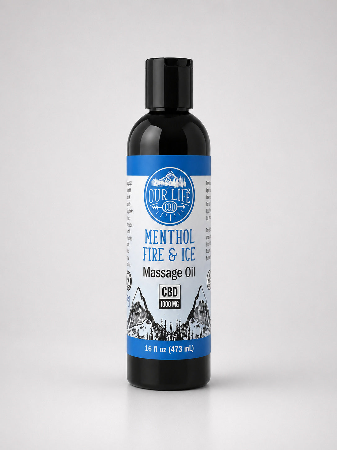 A 16 fl oz black bottle of Our Life CBD Menthol Fire & Ice Massage Oil with a blue and white label, set against a light gray background.