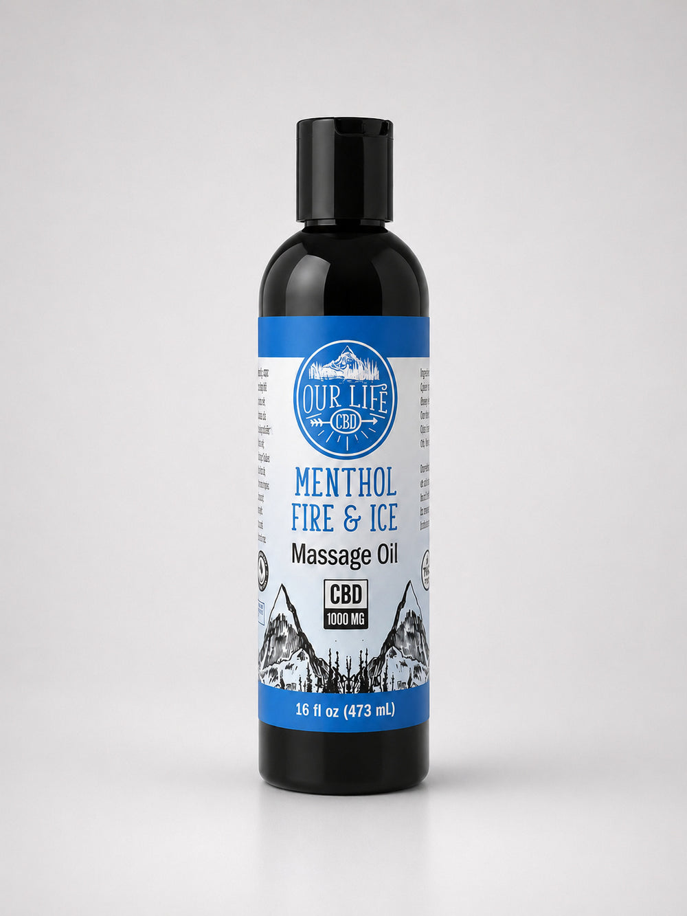A 16 fl oz black bottle of Our Life CBD Menthol Fire & Ice Massage Oil with a blue and white label, set against a light gray background.