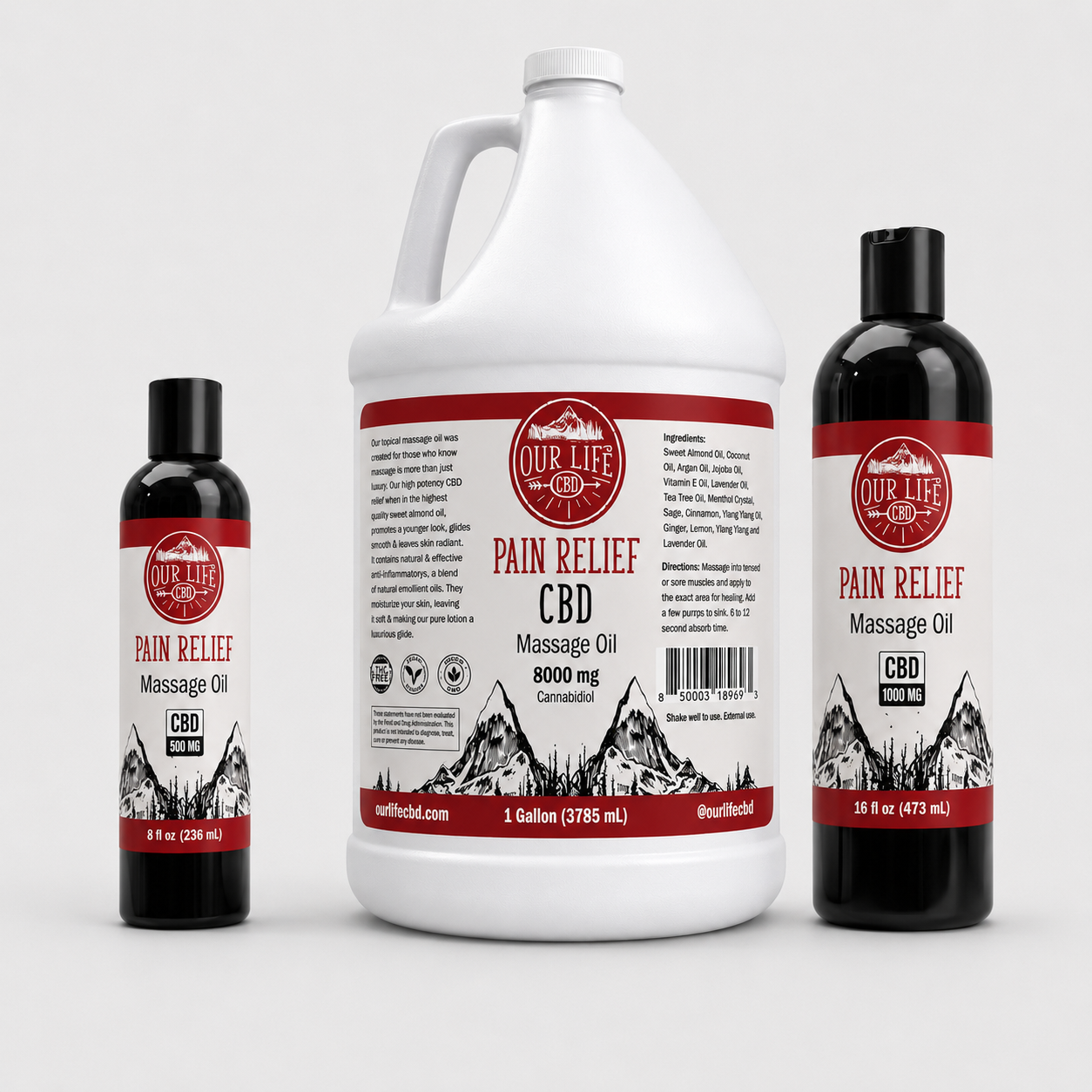 Three bottles of Our Life CBD Massage Oil arranged on a light gray background: a small black bottle on the left, a large white gallon jug in the center, and a tall black bottle on the right. The center bottle is the largest and features a white label with red and black text, while the side bottles have black labels with red and white text.