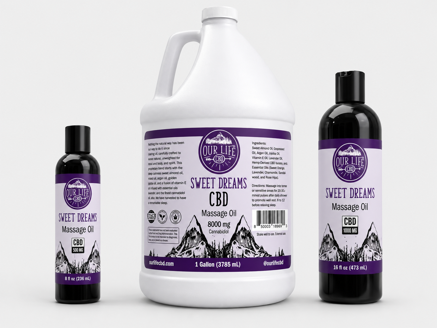 Three bottles of Our Life CBD Sweet Dreams Massage Oil arranged on a light gray background: a small dark bottle on the left, a large white gallon jug in the center, and a tall dark bottle on the right. Each bottle has a purple-and-white label with mountain graphics and product text.