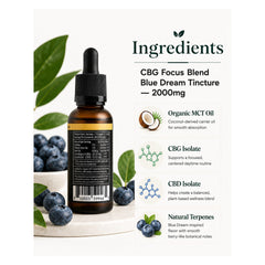 A product information graphic for 'CBG Focus Blend Blue Dream Tincture 2000mg' showing an amber dropper bottle with its black label on the left, alongside ingredient callouts including Organic MCT Oil, CBG Isolate, CBD Isolate, and Natural Terpenes on a white background with blueberries and green leaves.