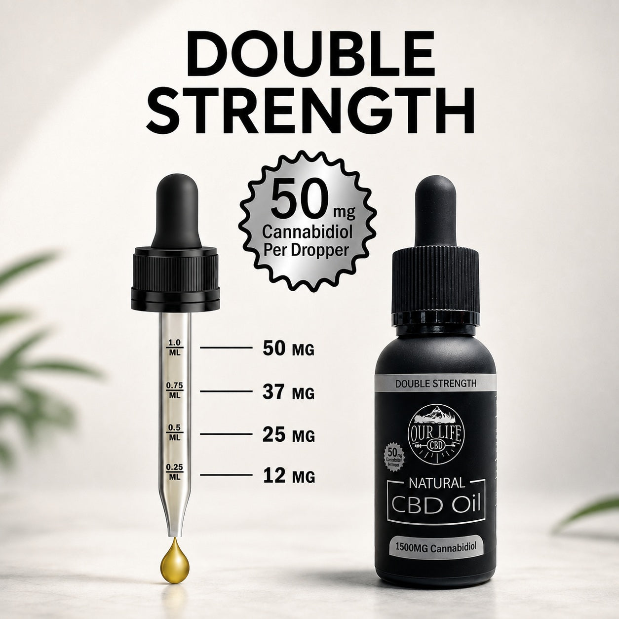CBD oil dropper with measurement details and 'Double Strength' label on a light background