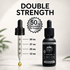 CBD oil dropper with measurement details and 'Double Strength' label on a light background