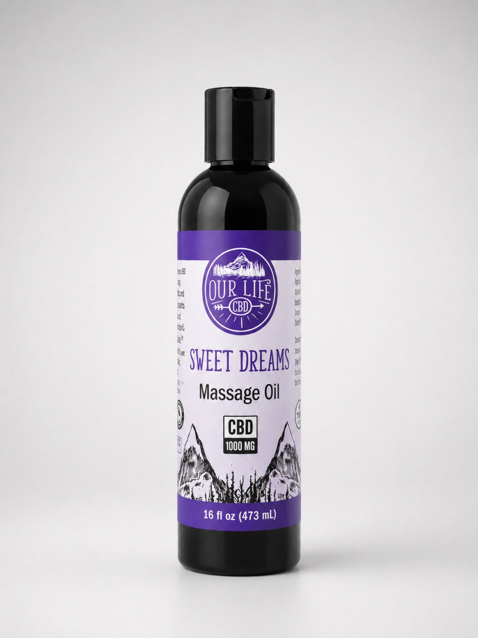 A 16 fl oz black bottle of Our Life CBD Sweet Dreams Massage Oil with a purple and white label, set against a light gray background.