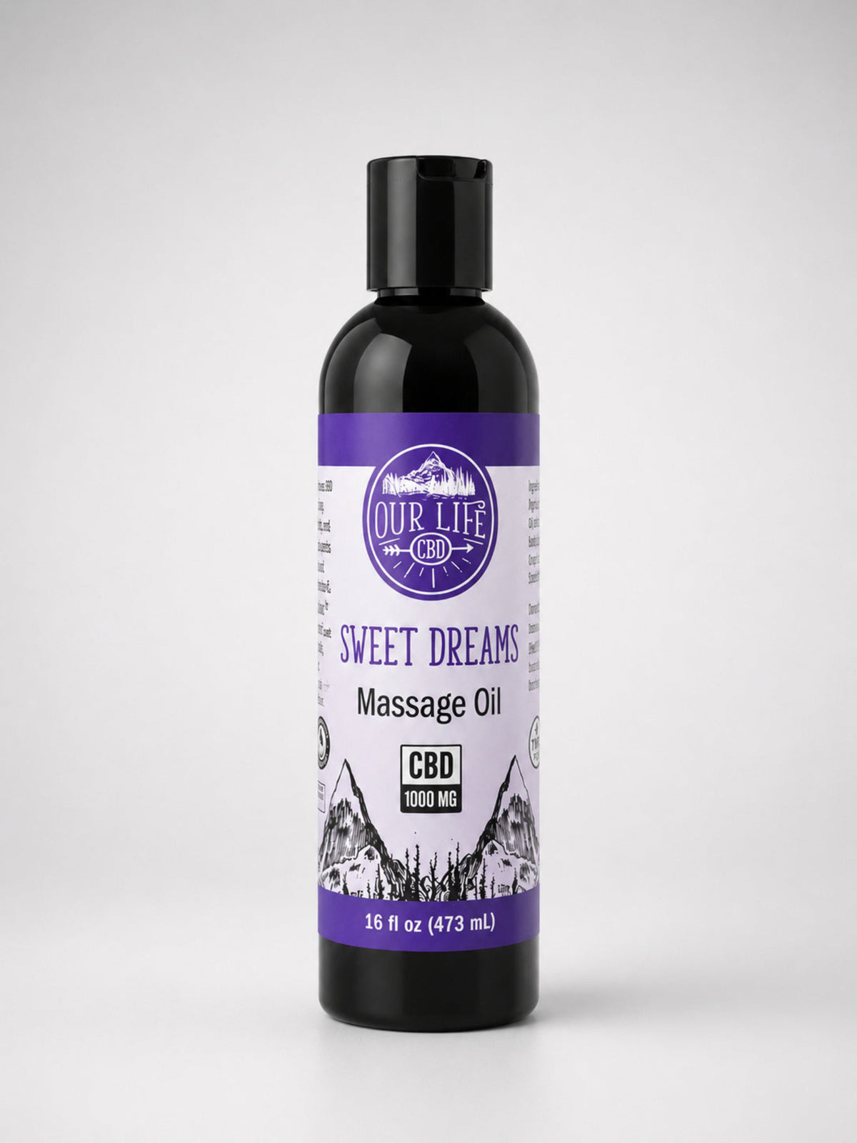 A 16 fl oz black bottle of Our Life CBD Sweet Dreams Massage Oil with a purple and white label, set against a light gray background.
