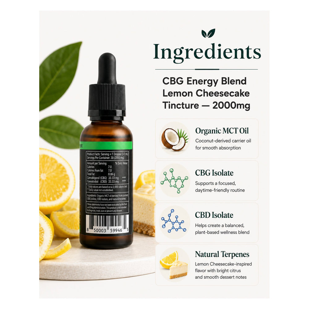 An amber glass dropper bottle labeled CBG Energy Blend Lemon Cheesecake Tincture 2000mg, shown beside an ingredients panel with text and small icons for MCT oil, CBG isolate, CBD isolate, and natural terpenes. Lemon slices and green leaves appear around the bottle on a white background.