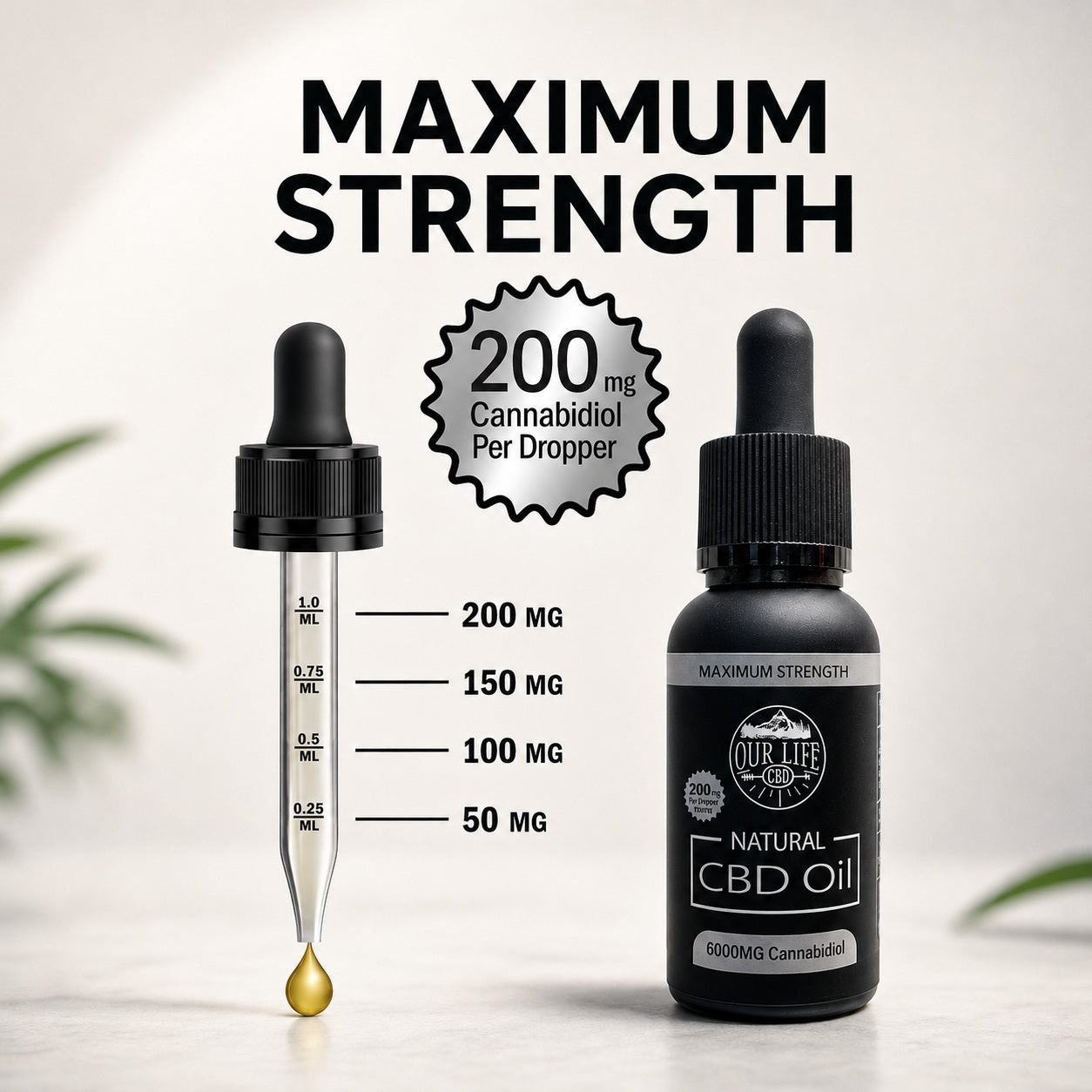 CBD oil dropper with measurement scale and 'Our Life' branding on a light background