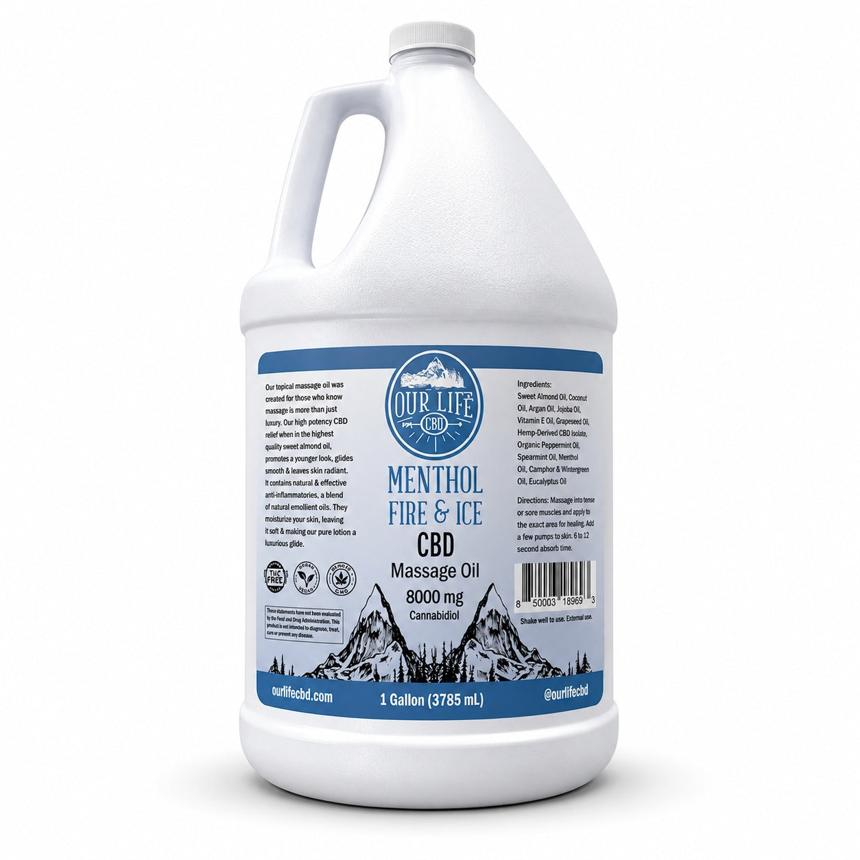 Gallon container of CBD massage oil with a mountain design on the label.