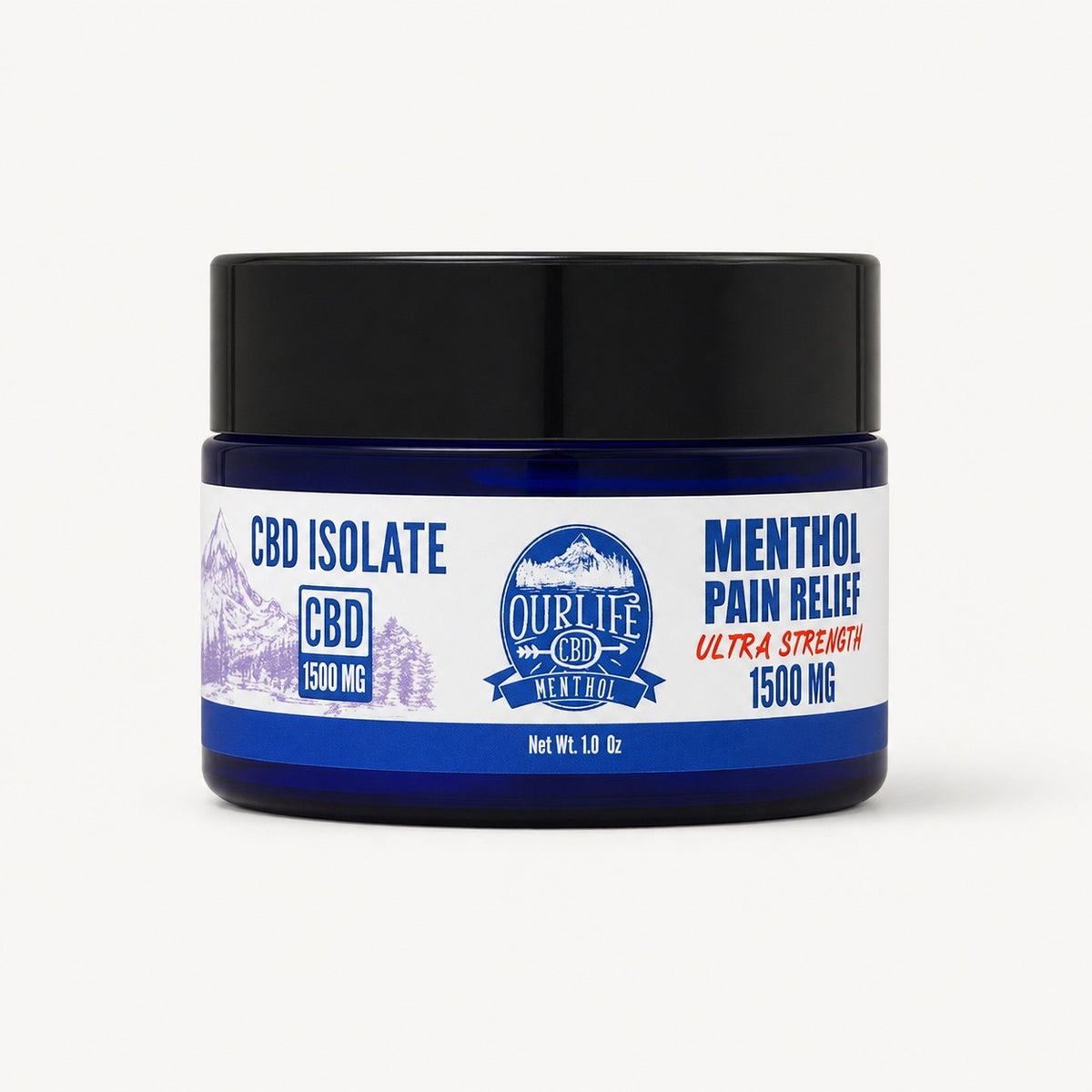 Jar of CBD isolate menthol pain relief cream with a blue label on a white background