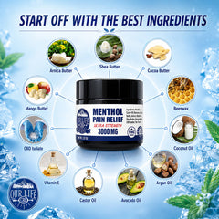 A jar of Our Life CBD Menthol Pain Relief 3000 MG Ultra Strength cream centered on a light blue icy background with ingredient callouts around it, including Arnica Butter, Shea Butter, Cocoa Butter, Mango Butter, CBD Isolate, Coconut Oil, Castor Oil, Avocado Oil, Argan Oil, and Beeswax.
