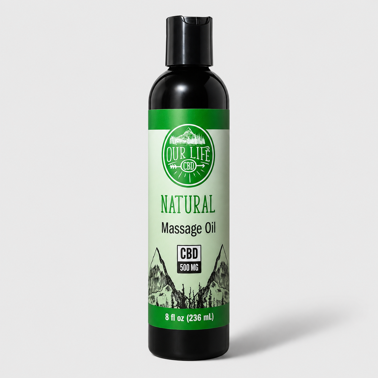 A black plastic bottle of Our Life CBD Natural Massage Oil with a green and white label, set against a light gray background.