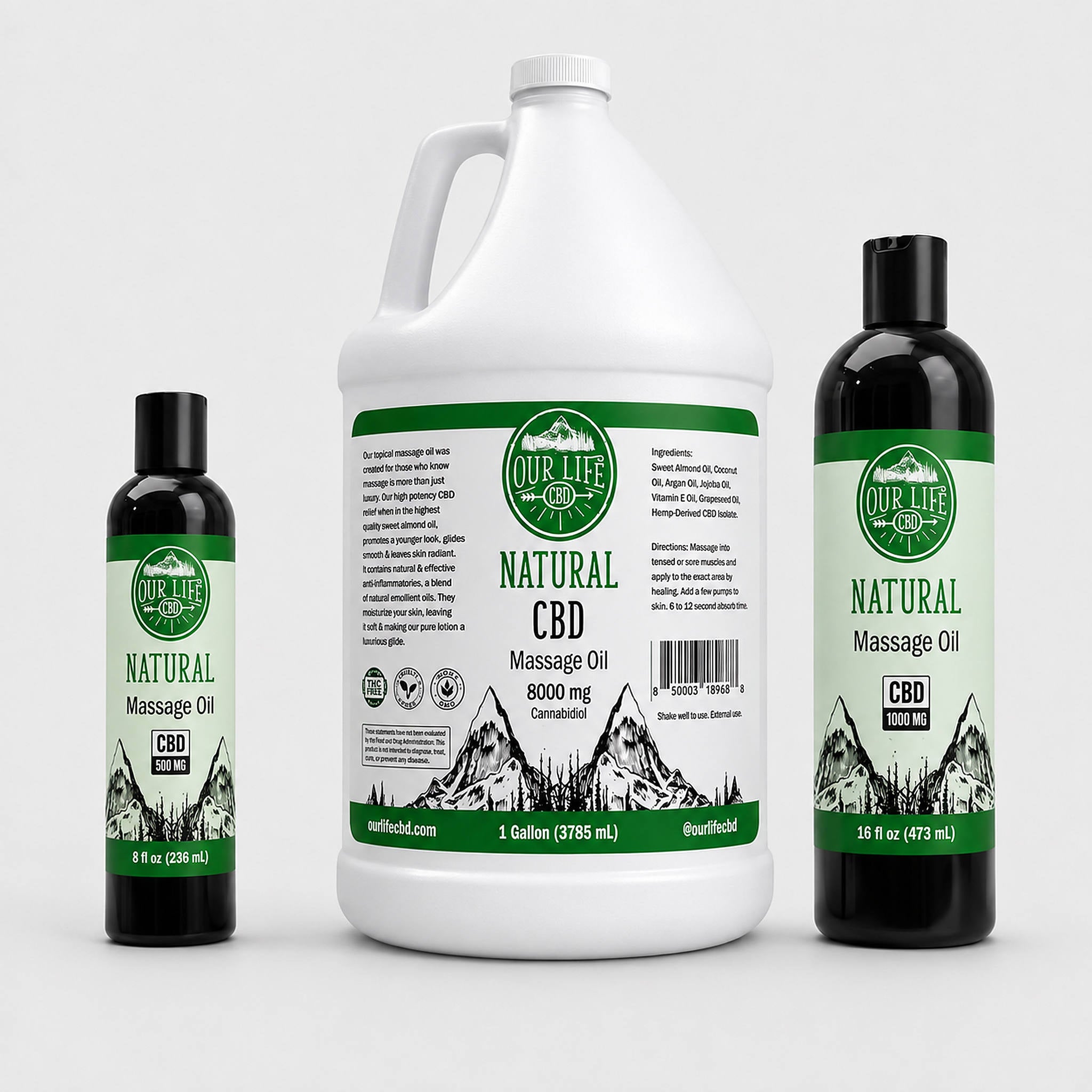 Three bottles of Our Life CBD Natural Massage Oil arranged on a light gray background: a small black bottle on the left, a large white jug in the center, and a tall black bottle on the right.