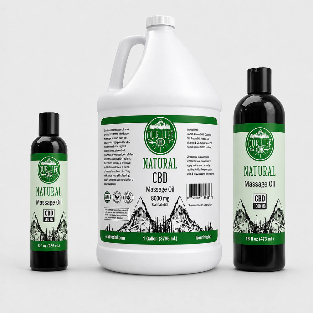 Three bottles of Our Life CBD Natural Massage Oil arranged on a light gray background: a small black bottle on the left, a large white jug in the center, and a tall black bottle on the right.