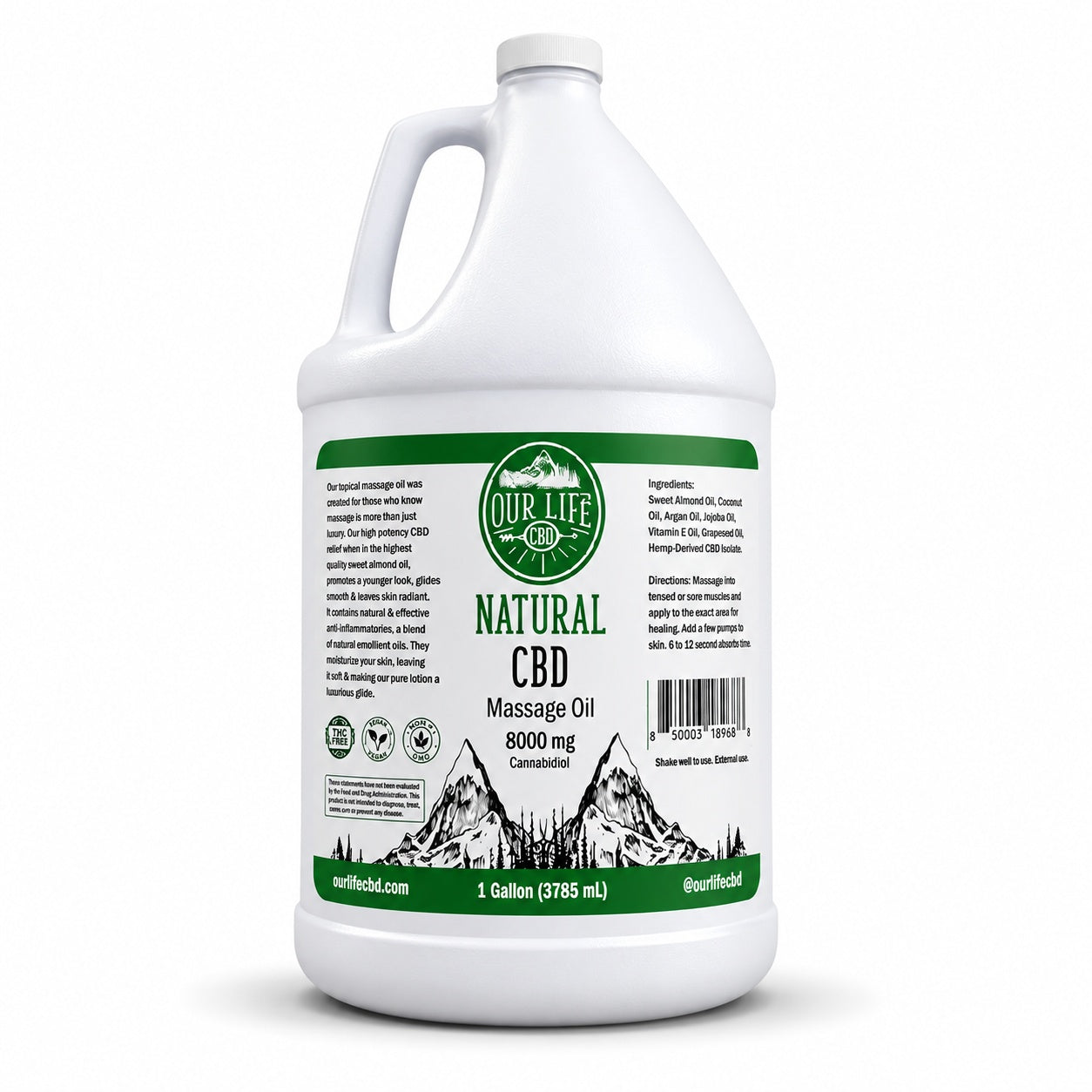 Gallon container of Natural CBD Massage Oil with mountain design on label