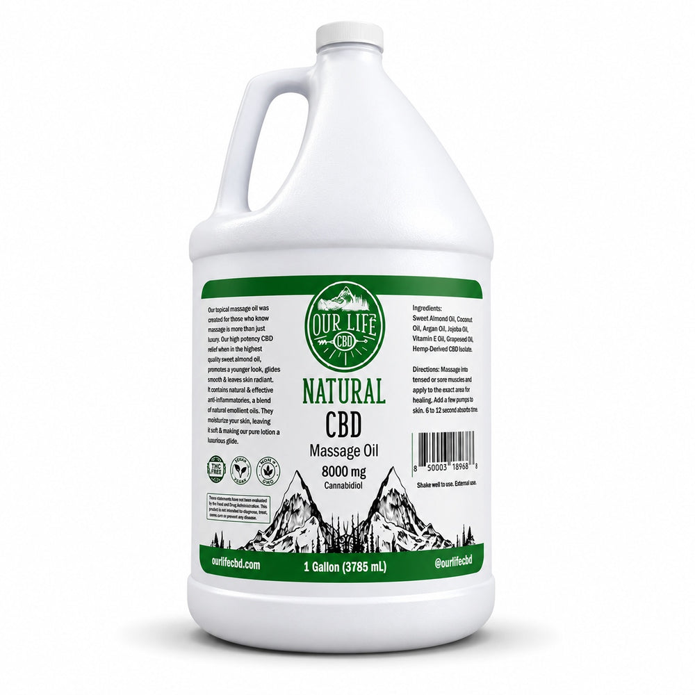 Gallon container of Natural CBD Massage Oil with mountain design on label