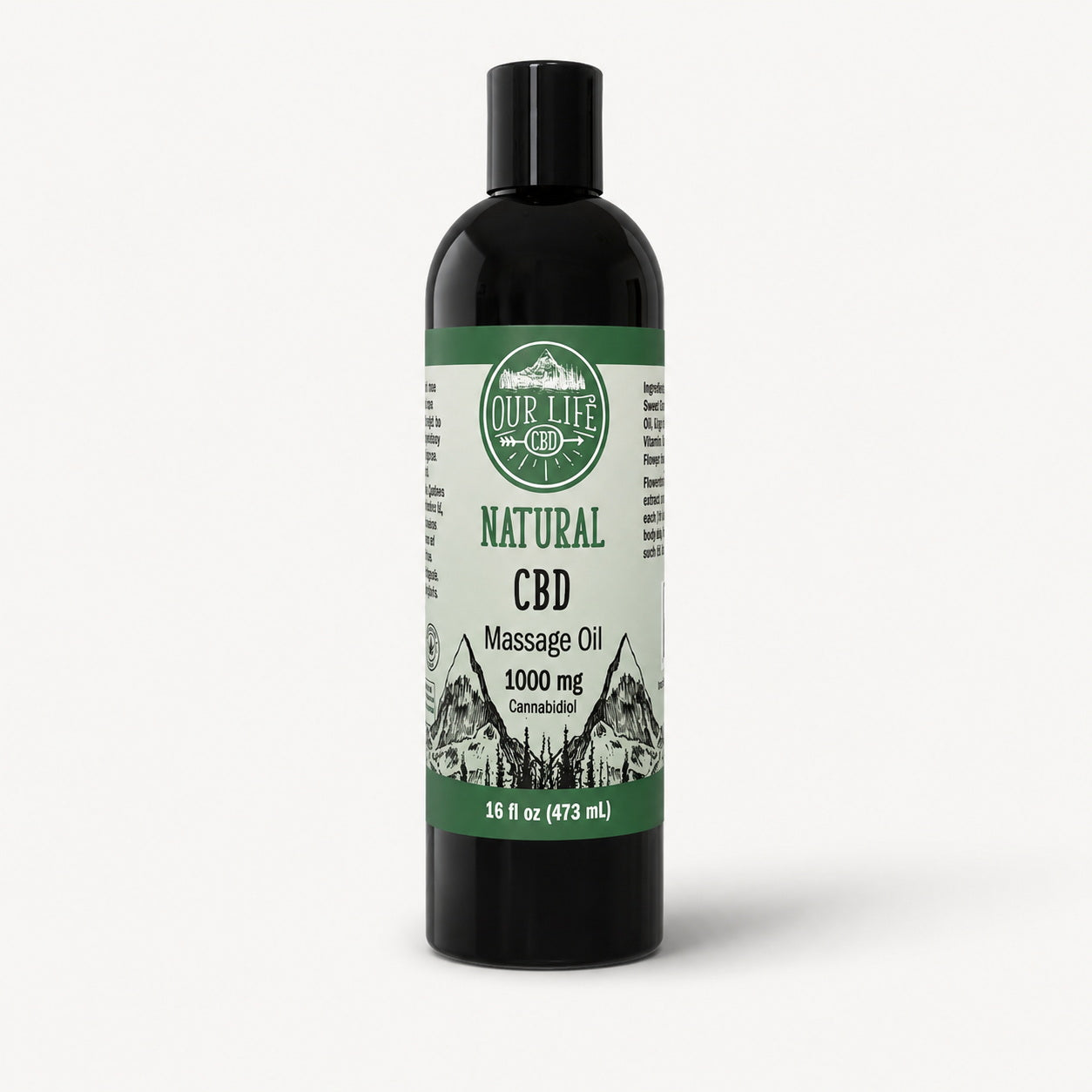CBD massage oil bottle with label on a white background