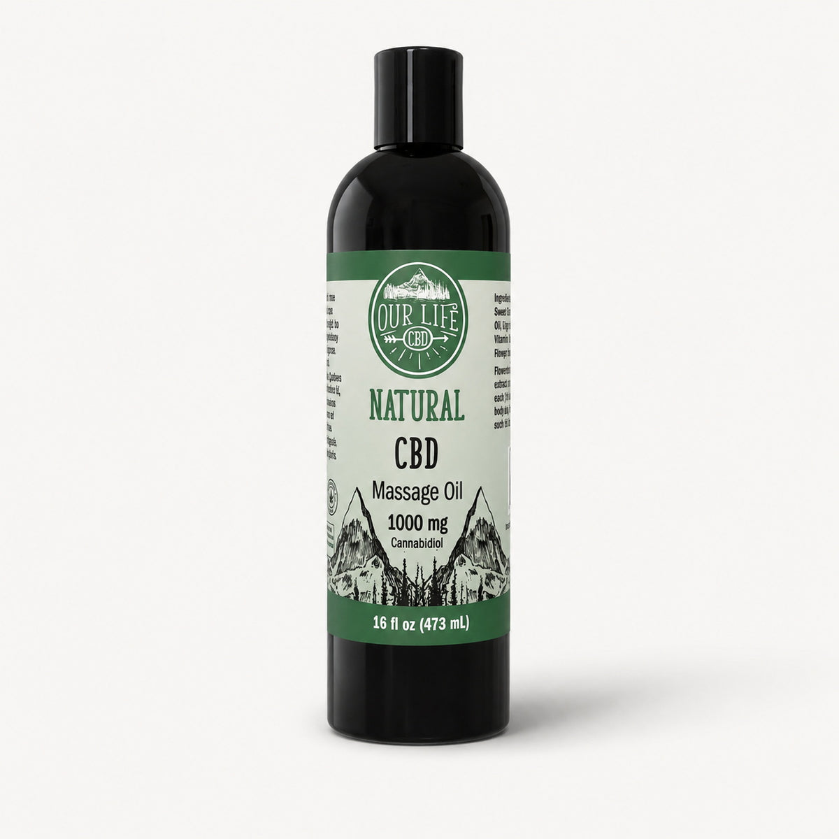CBD massage oil bottle with label on a white background