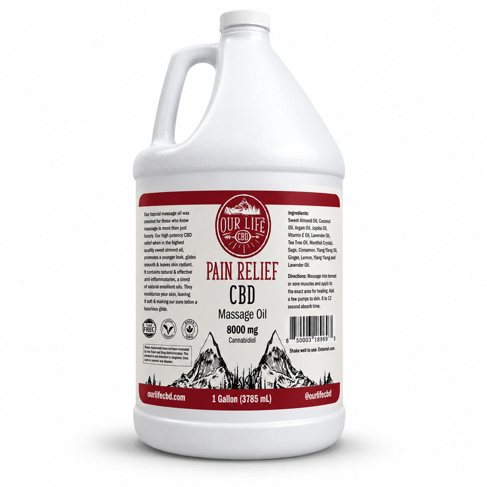 Gallon container of Pain Relief CBD Massage Oil with label on a white background