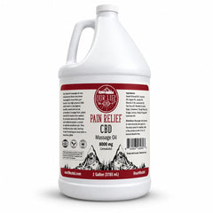 Gallon container of Pain Relief CBD Massage Oil with label on a white background