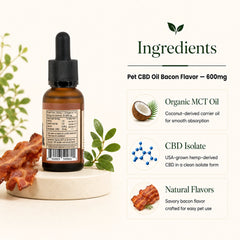 Pet CBD oil bottle with dropper on a beige pedestal, surrounded by bacon pieces and green leaves, next to an ingredients panel listing Organic MCT Oil, CBD Isolate, and Natural Flavors.