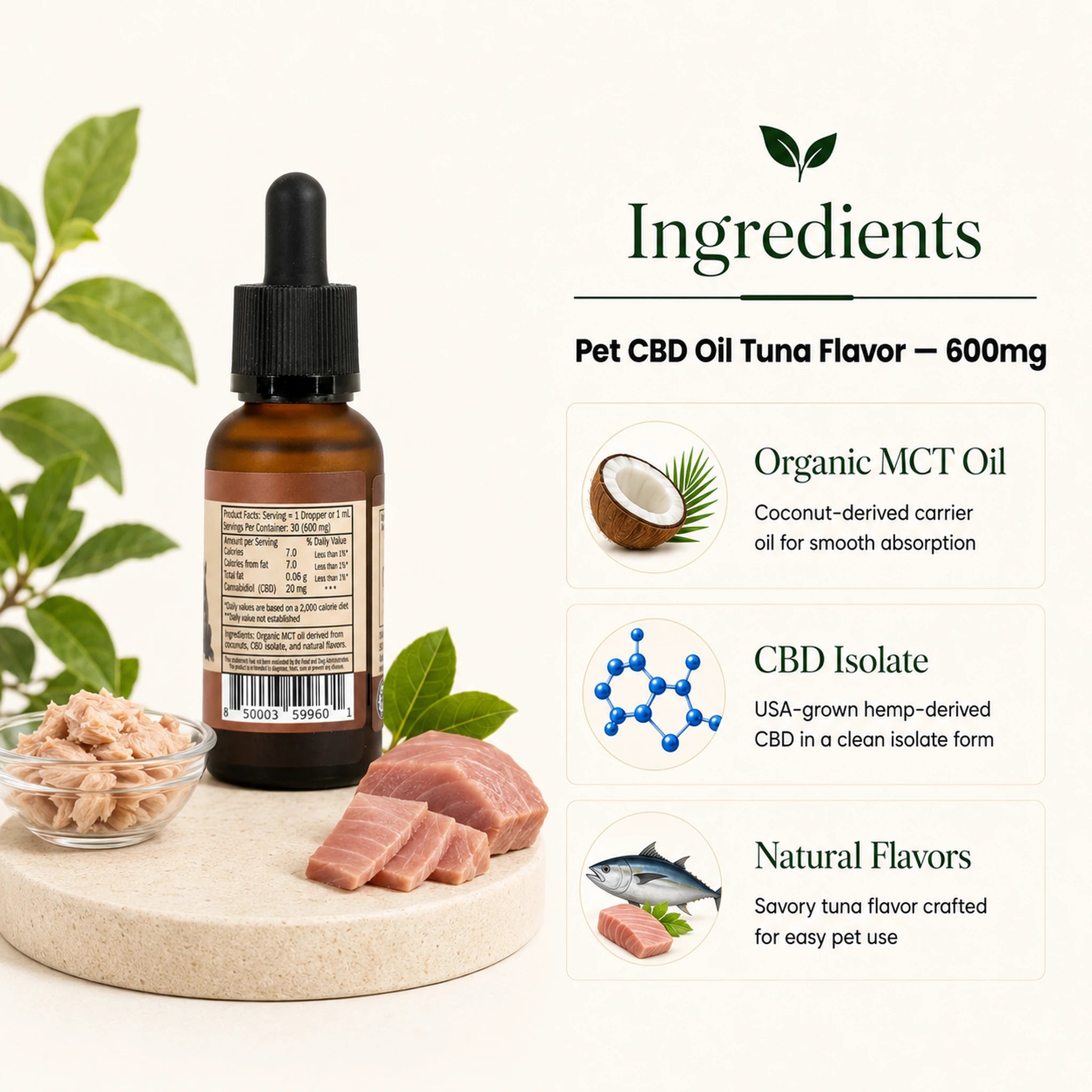 An amber dropper bottle of pet CBD oil shown on a light beige background with ingredient callouts. The bottle is styled with green leaves, a small bowl of tuna, and slices of tuna on a stone slab.