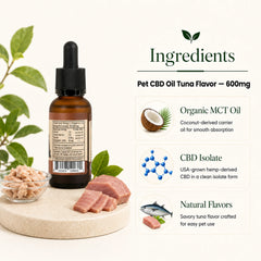 An amber dropper bottle of pet CBD oil shown on a light beige background with ingredient callouts. The bottle is styled with green leaves, a small bowl of tuna, and slices of tuna on a stone slab.