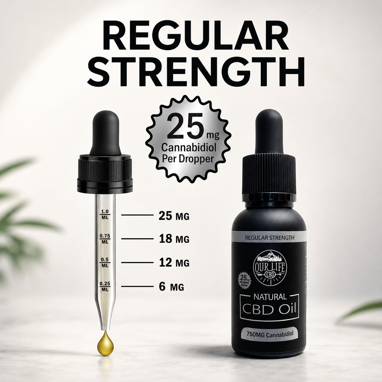 CBD oil dropper with measurement scale and 'Our Life' branding on a light background