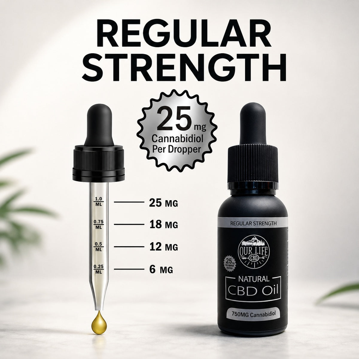 CBD oil dropper with measurement scale and 'Our Life' branding on a light background