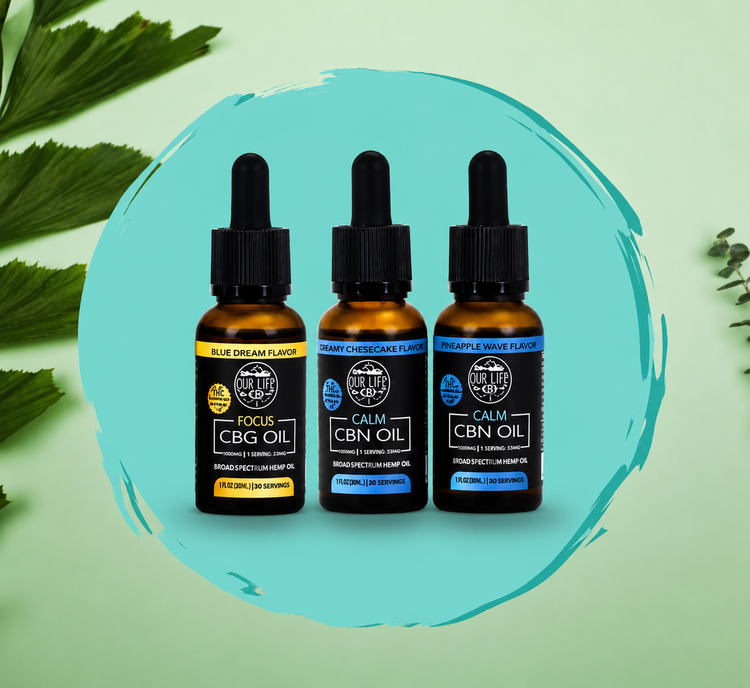 Three bottles of CBN oil with labels on a green background with leaves.